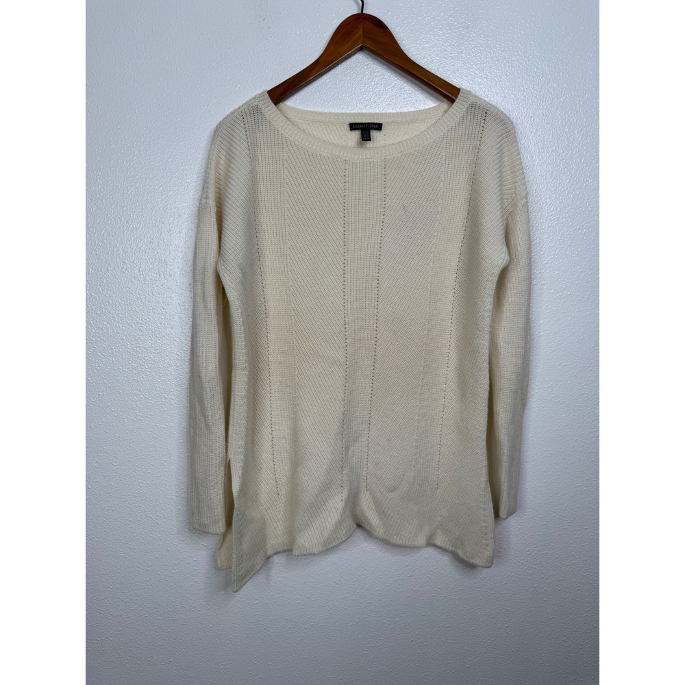 Eileen‎ Fisher Extra Fine Merino Wool Sweater Cream Knit Boat Neck XS TP